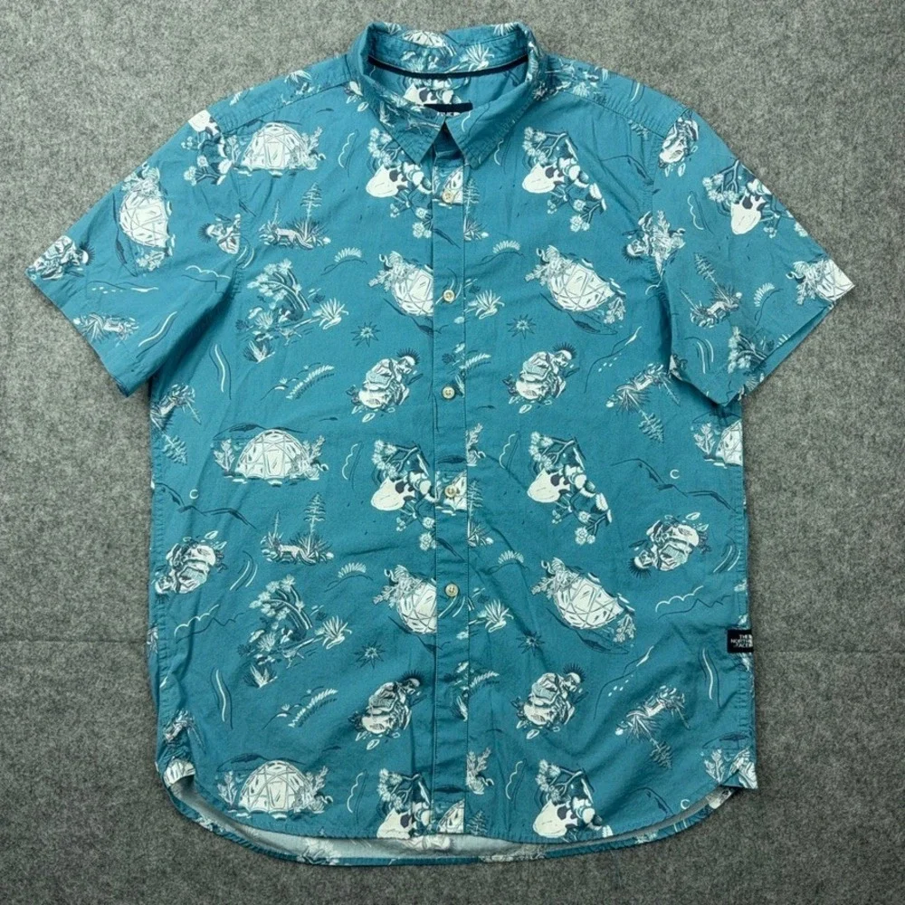 The North Face Shirt Mens Large Blue Camp Print Short Sleeve Hiking Outdoor‎